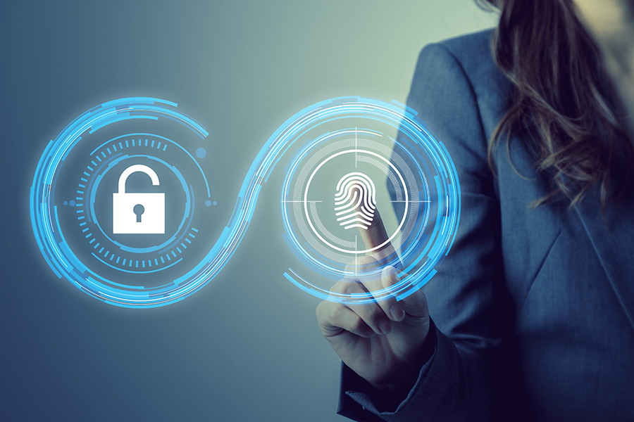 Woman with digital fingerprint unlocking a device.