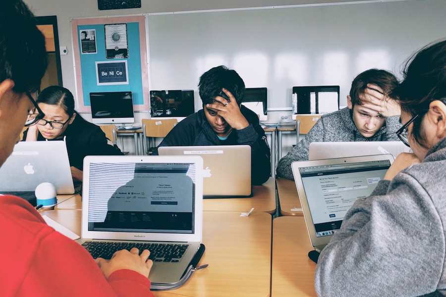Students working at computers.