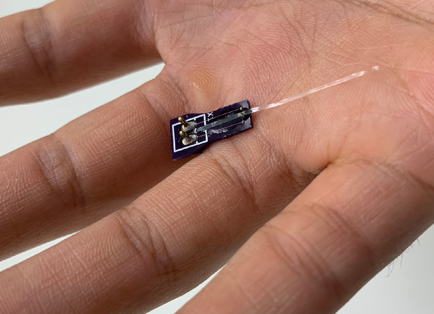 A Parylene photonic waveguide held in the palm for scale.