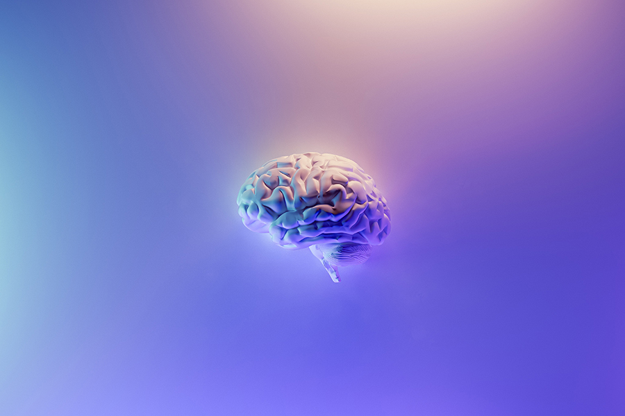 Digital brain on purple background