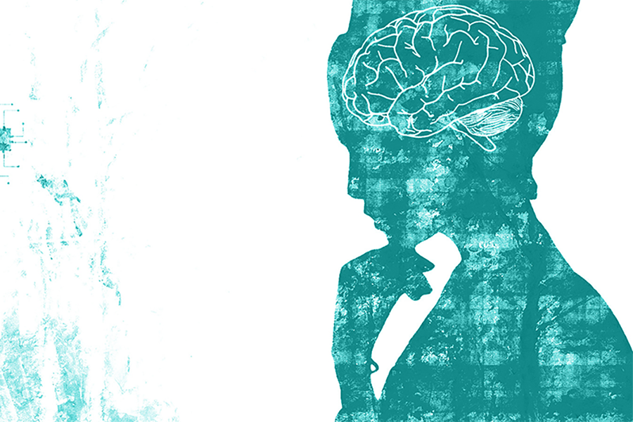 blue and white illustration of woman and a brain