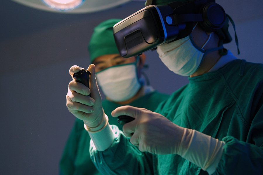 A doctor wearing a virtual reality head display