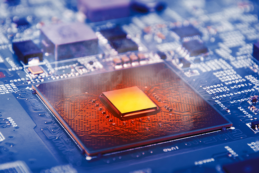 a glowing red computer chip
