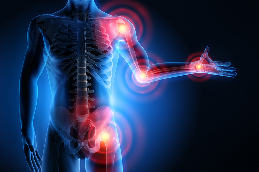 blue outline of a person with red circles around the joints indicating pain.